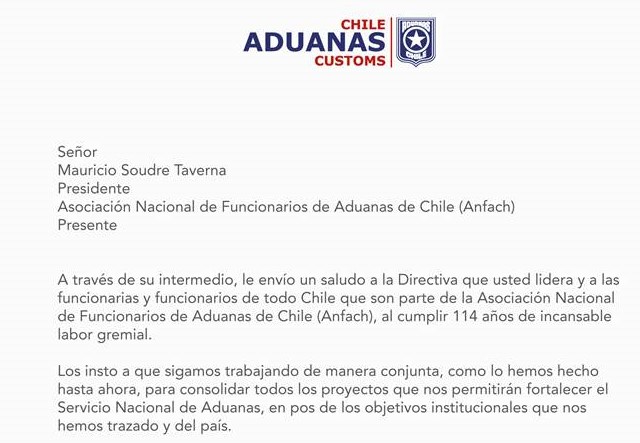 Saludo de la Directora Nacional de Aduana por el 114° Aniversario de ANFACH