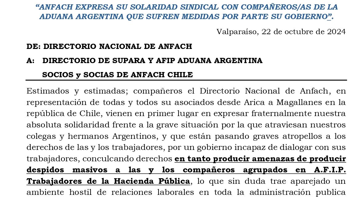 “ANFACH EXPRESA SU SOLARIDAD SINDICAL CON COMPAÑEROS/AS DE LA ADUANA ARGENTINA QUE SUFREN MEDIDAS POR PARTE SU GOBIERNO”.