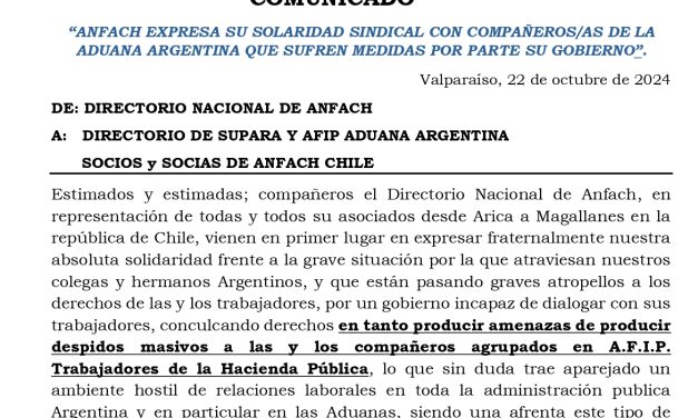 “ANFACH EXPRESA SU SOLARIDAD SINDICAL CON COMPAÑEROS/AS DE LA ADUANA ARGENTINA QUE SUFREN MEDIDAS POR PARTE SU GOBIERNO”.