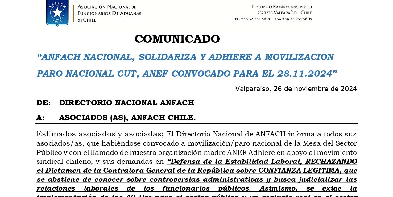 ANFACH NACIONAL,SOLIDARIZA Y ADHIERE A MOVILIZACION PARO NACIONAL CUT, ANEF CONVOCADO PARA EL 28.11.2024